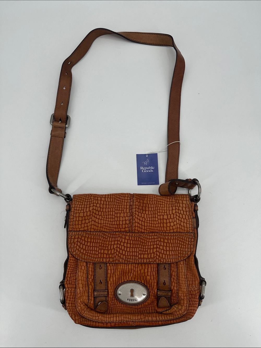 vintage Fossil Tan Embossed Leather Crossbody Messenger Bag Turn Lock Cognac